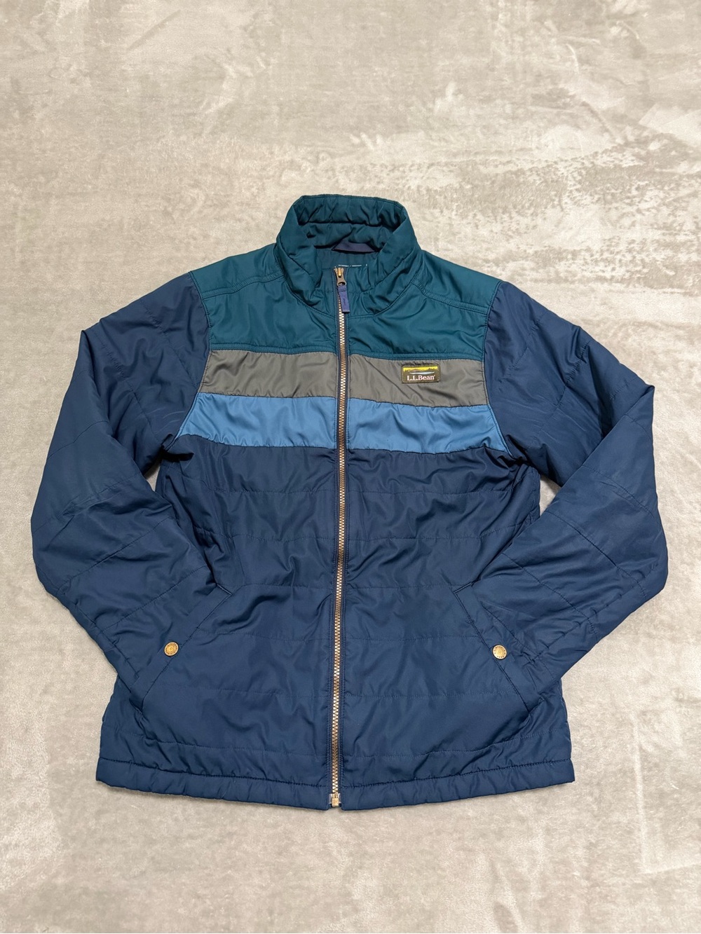 L.L. Bean Mountain Classic Colorblock Puffer Jacket In Blue, Grey, Teal, Navy